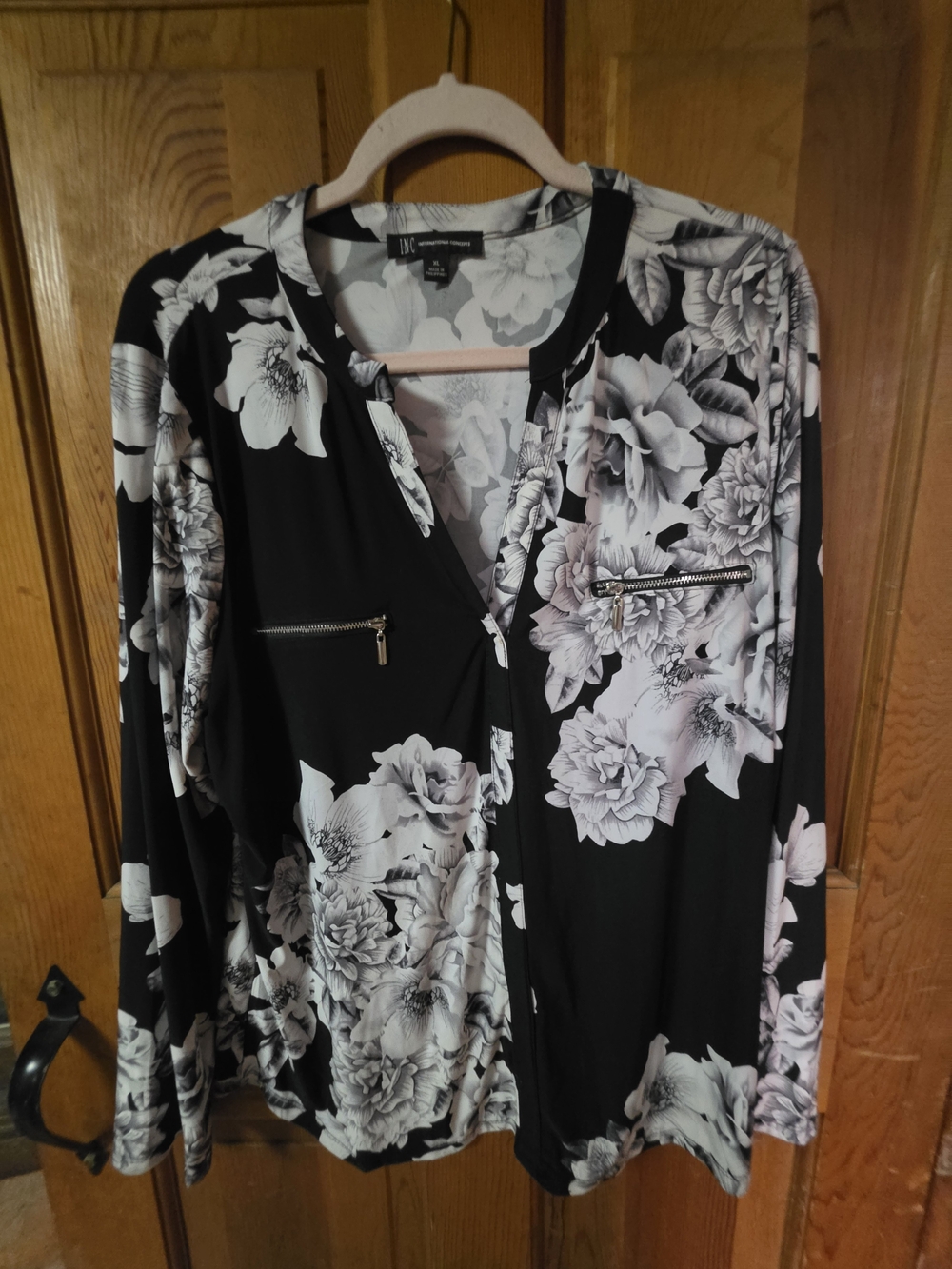 INC International Concepts Black and White Floral Zip-Pocket Blouse